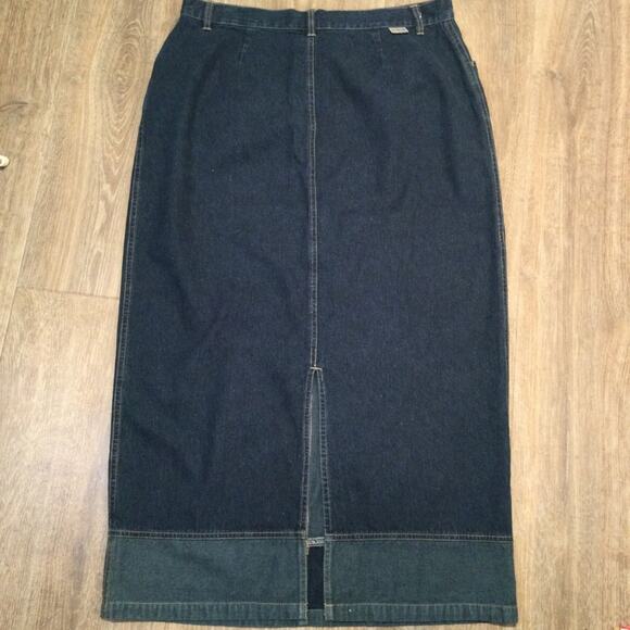 Y2K Long Denim Western Cowgirl Skirt Contrasting hem Pockets Button & Zip 14 - Picture 3 of 5